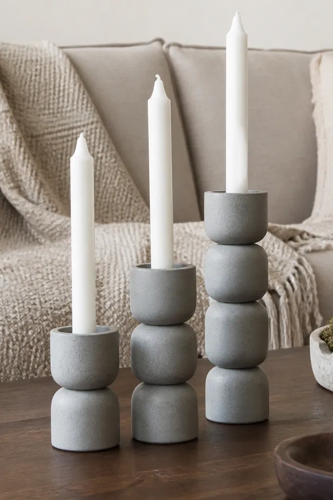 Matte gray candle cups stacked with one tall pillar candle on top