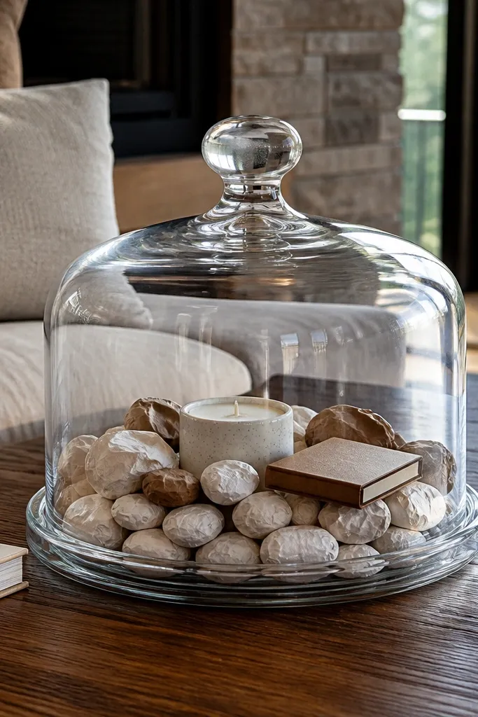 Glass cloche over a small arrangement with gray paper-wrapped pebbles inside