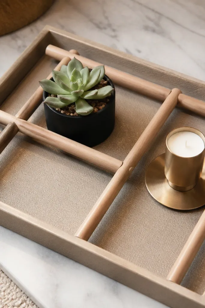 A tray with a simple wood dowel frame and a small vase placed inside
