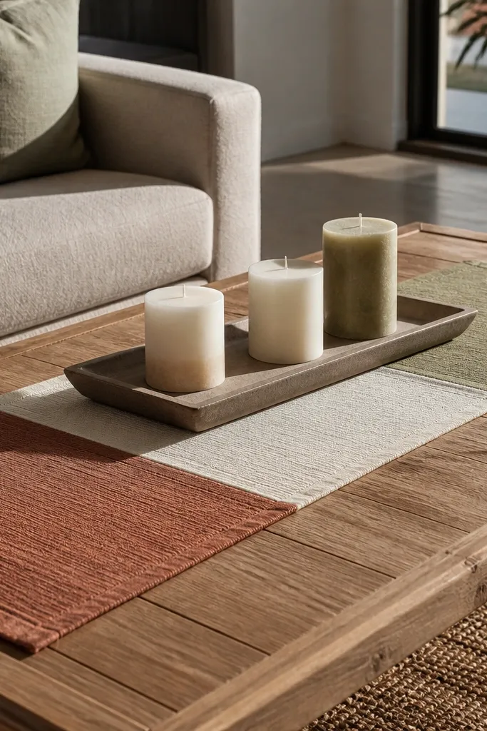 Small fabric color-block runner with three candles spaced evenly