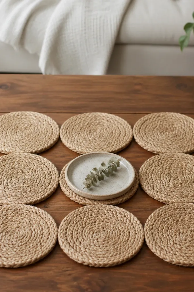 Four woven jute coasters arranged in a square with a small tray and candle