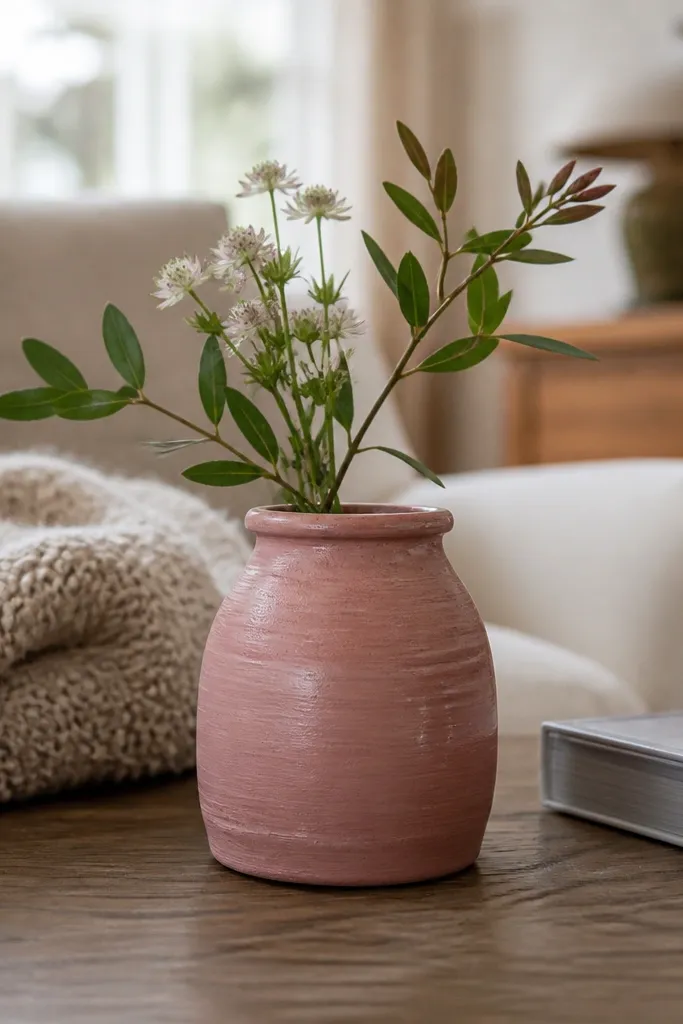Small painted terra-cotta pot holding a single dried stem