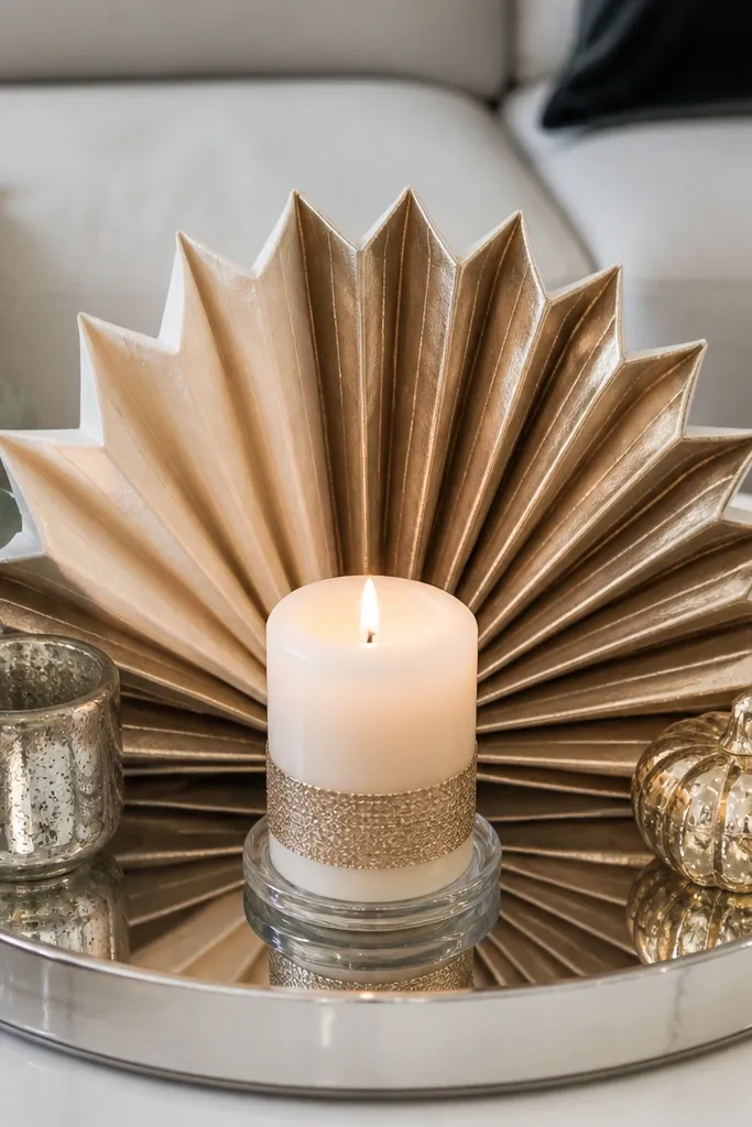 Small mirror tray with folded paper accordion shapes and a candle