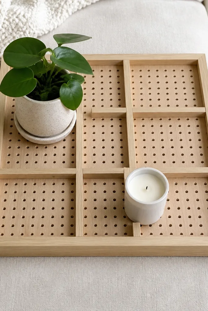 A small frame with pegboard-like grid holding a mini plant and candles