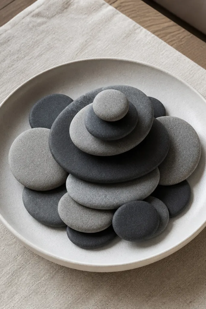 Monochrome ceramic dish filled with layered smooth faux stones and one candle