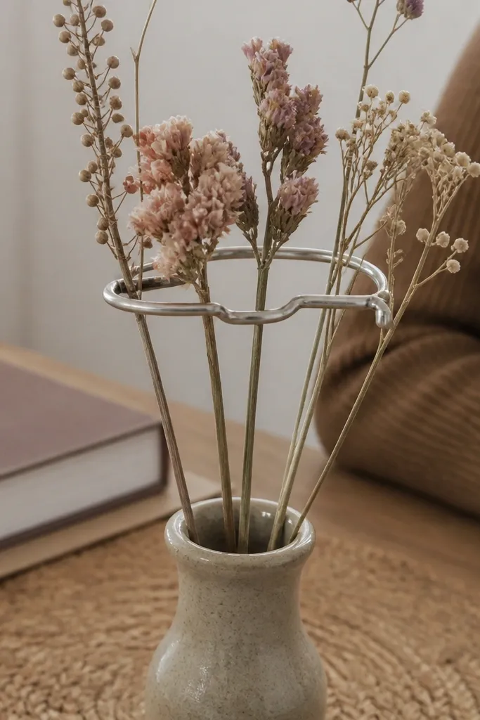 Three small bud vases held by a simple wire loop on a tray