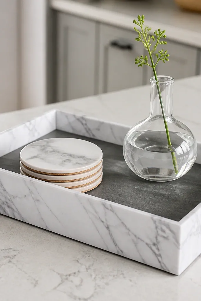 A small tray with faux marble contact paper pattern and a candle on top
