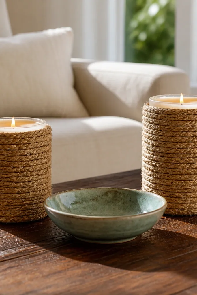 Two candles wrapped with tan rope sleeves on a tray with a small bowl