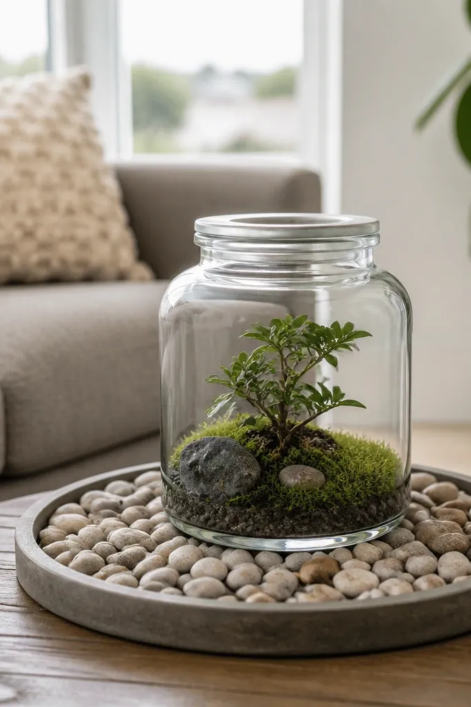 A small glass jar terrarium on a tray with pebbles and a tiny plant