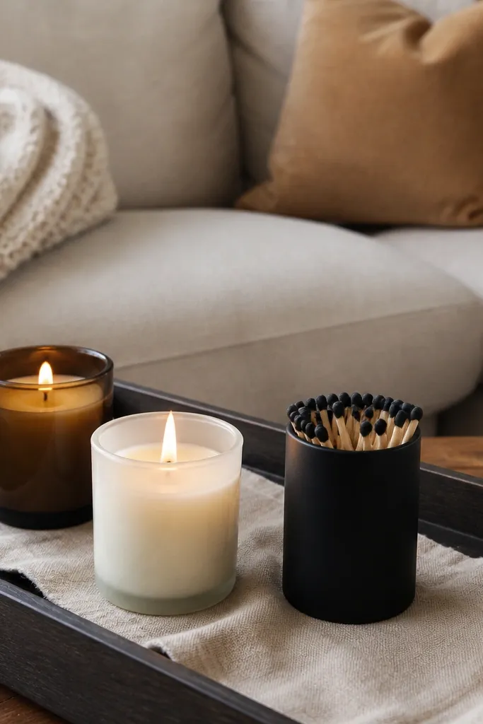 Tray with candles, a small match holder, and a linen strip running behind them