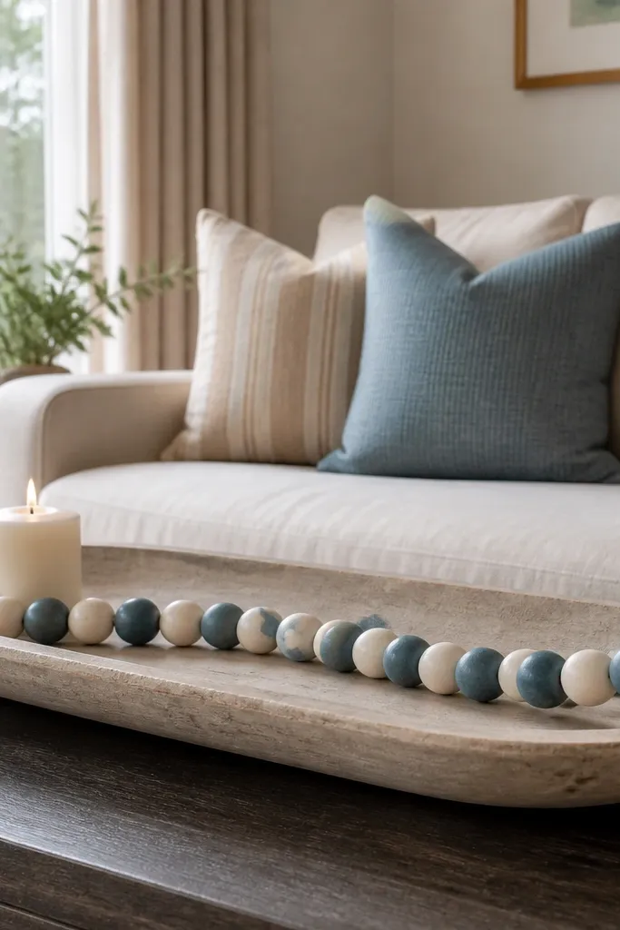 A short strand of painted wood beads draped over a tray next to a vase