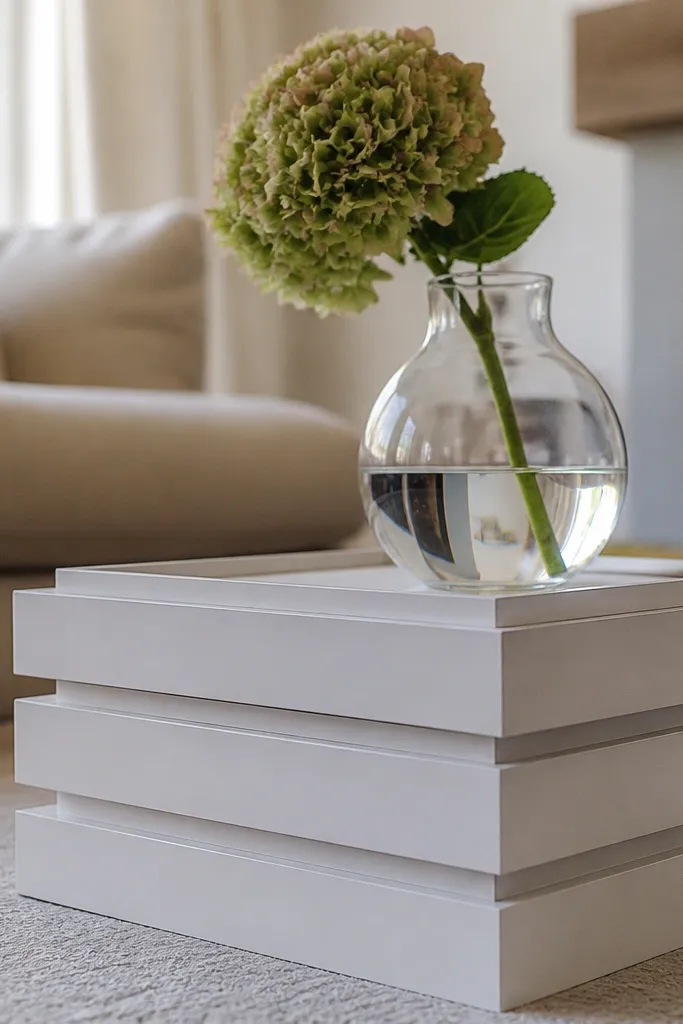Stacked small picture frames painted black forming a riser under a vase