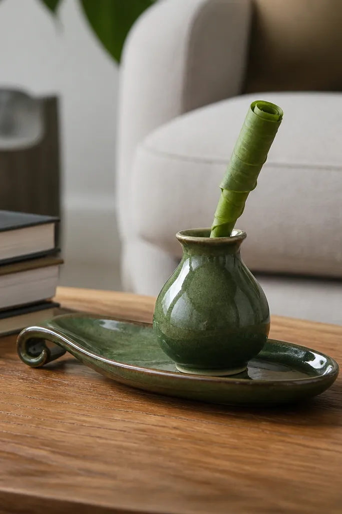 Small ceramic spoon rest holding a tiny vase and a single dried stem