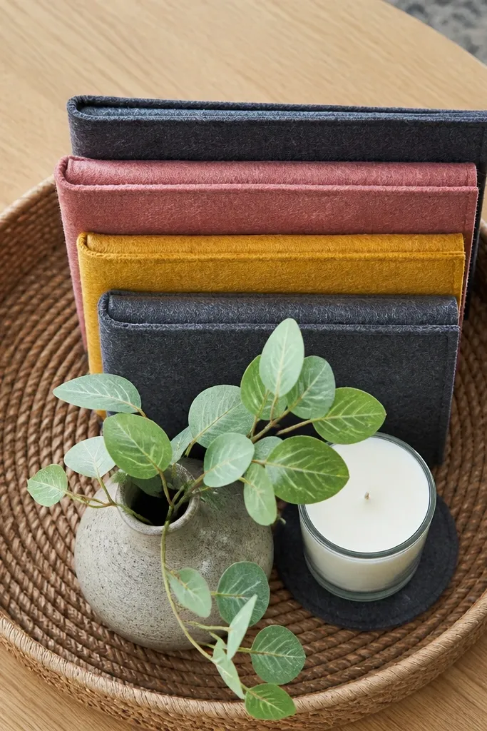 Felt strips arranged like book spines on a tray with a candle