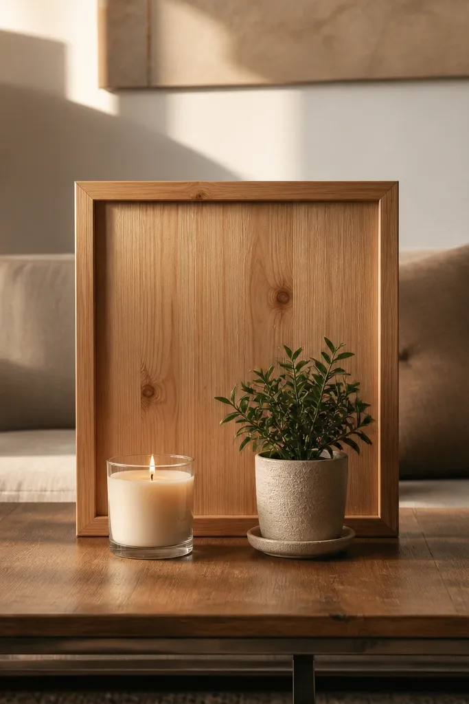 A small framed wood piece used as a backdrop with a candle and plant on a coffee table