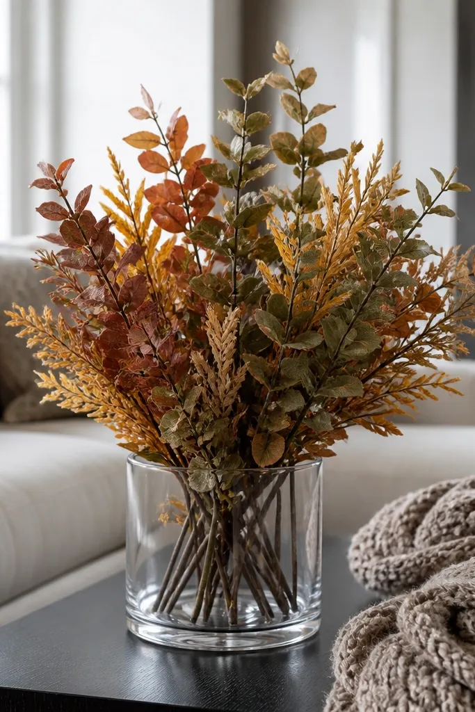 A glass cylinder holding a faux branch bundle with a few colored accents on a tray