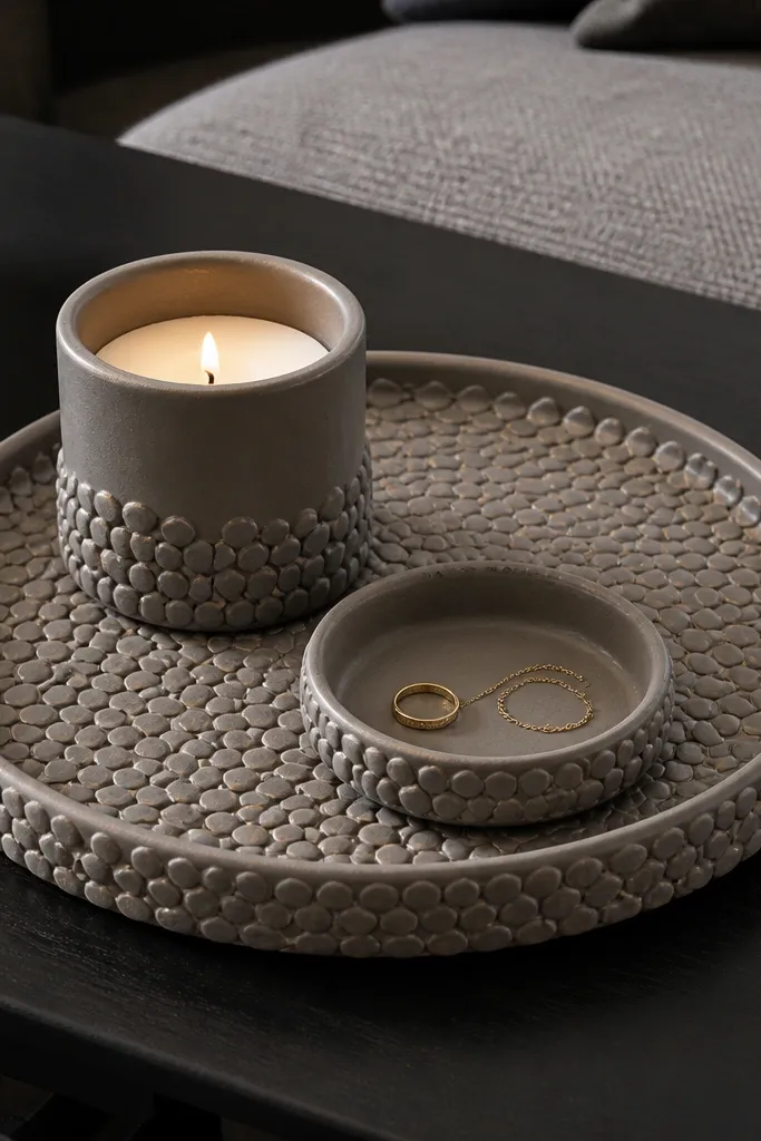 Small tray with pebble texture and a candle centered on top