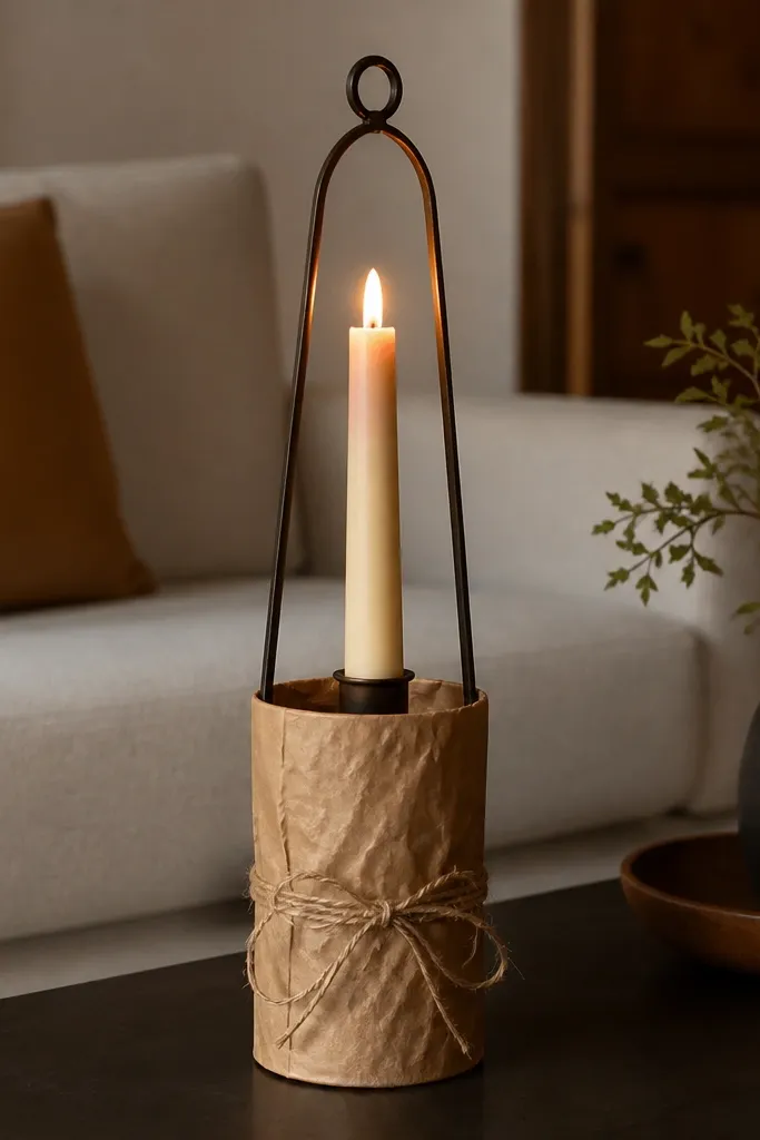A tall taper candle in a lantern with a paper-wrapped base on a coffee table