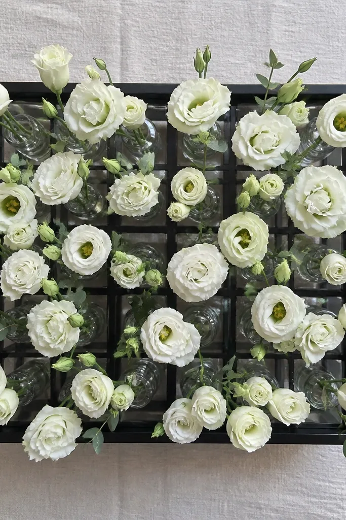 Three bud vases in a row with one flower color on a tray