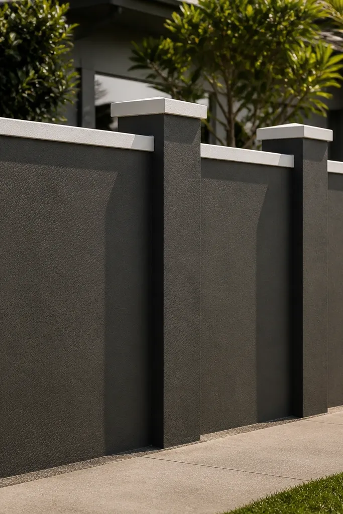 Charcoal compound wall with white top coping and evenly spaced square posts