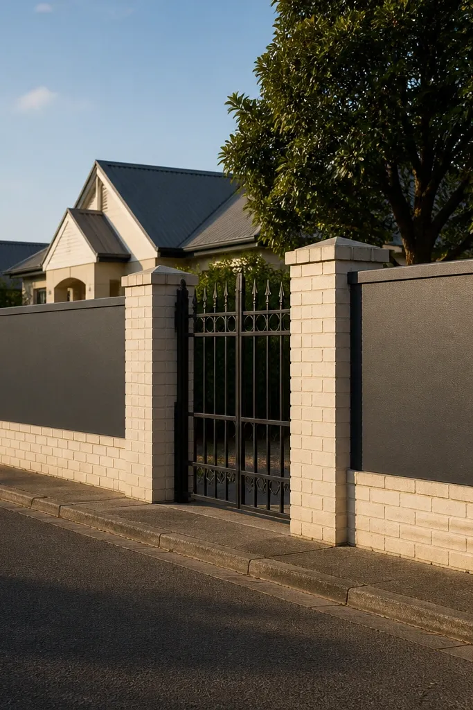 Cream brick posts with dark grey cement panels between them