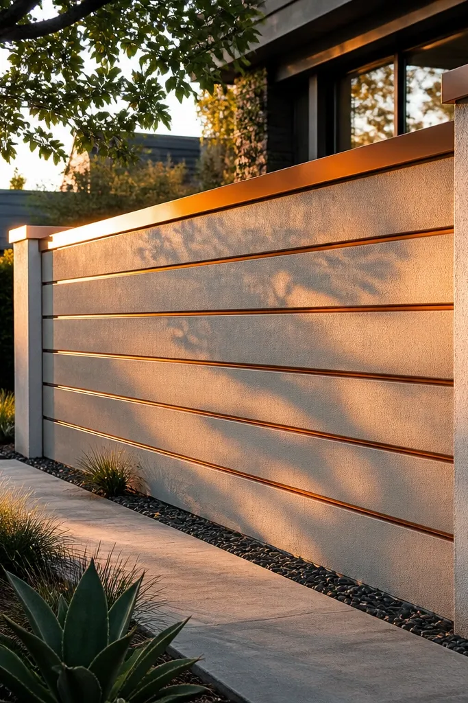 White compound wall with horizontal slats and warm metal trim lines