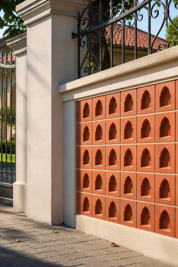 Terracotta compound wall panels with small arched openings between posts