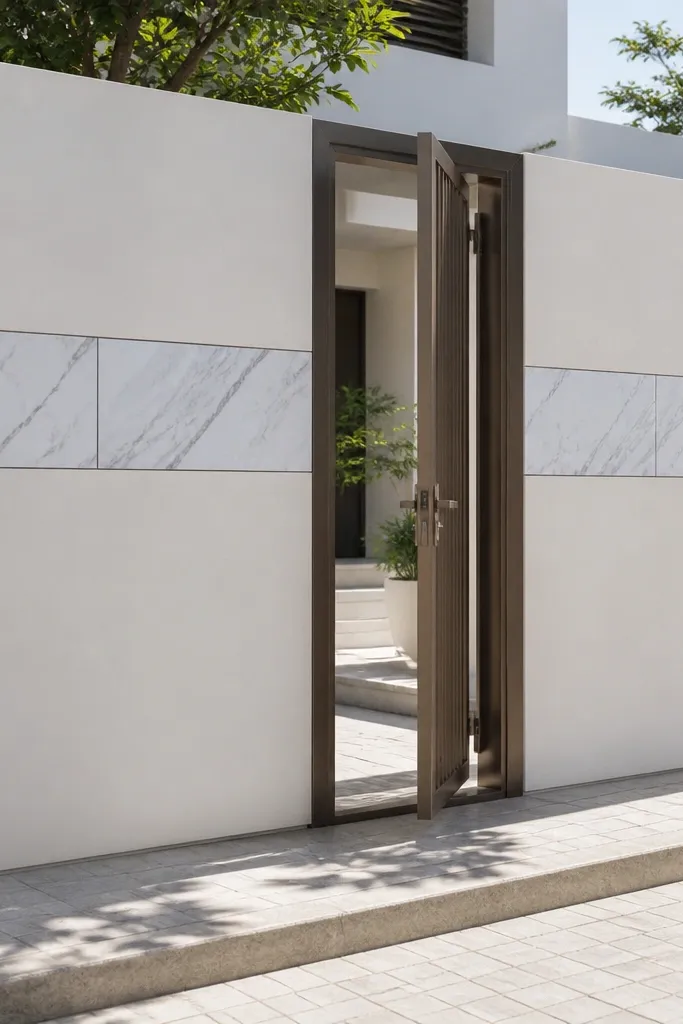 Grey compound wall with a white marble-look tile band across the middle
