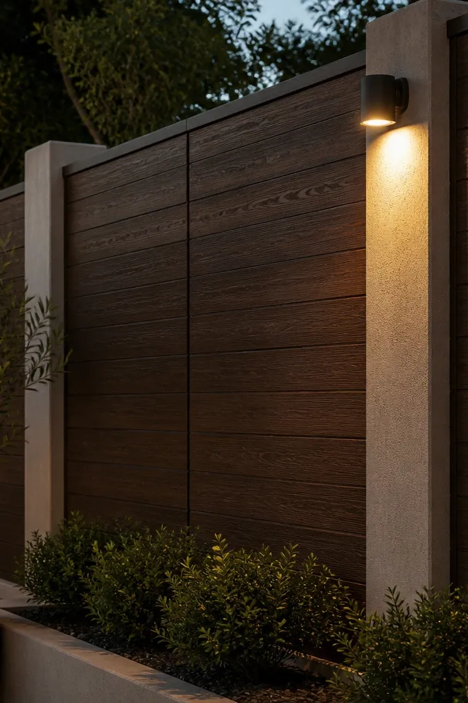 Wood-texture compound wall panels in dark walnut tone with clean edges