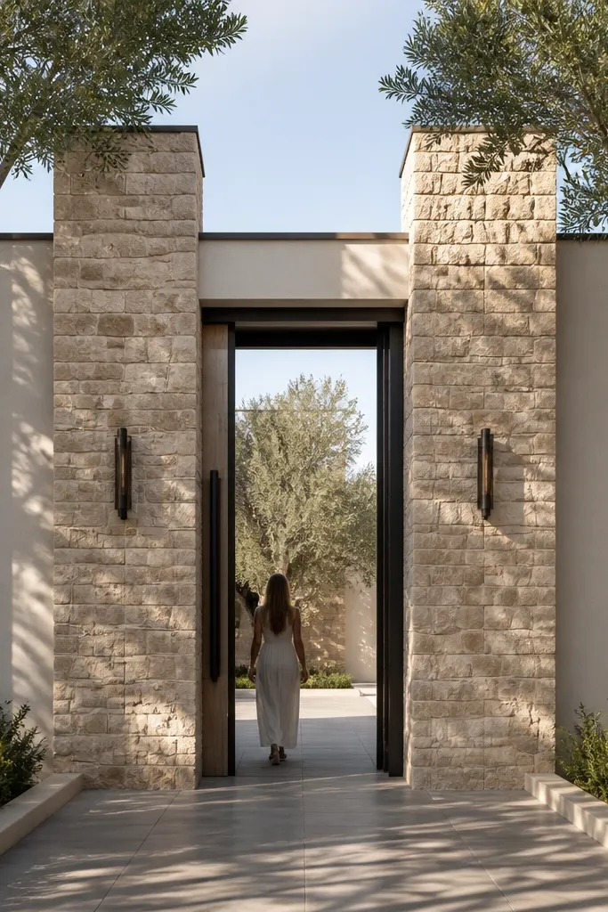 Plaster wall with stone-veneer columns at regular intervals