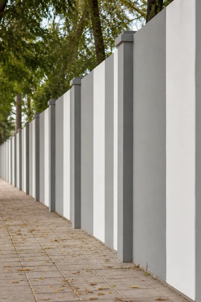 Compound wall with alternating grey and white vertical bands between posts