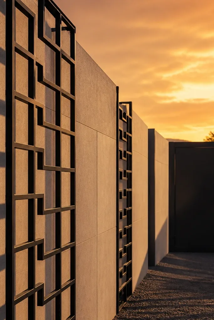 Light grey cement wall with black metal lattice panels between posts