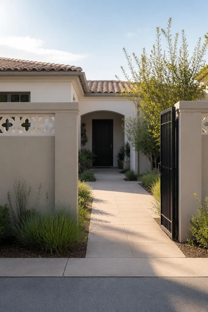 Half-height privacy wall with decorative parapet panels on top