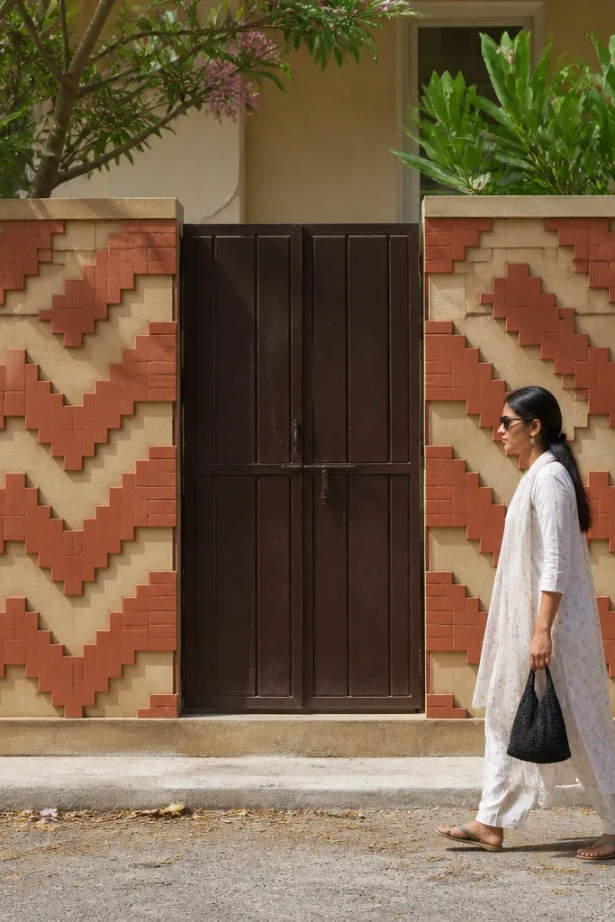 Terracotta and beige geometric block pattern on compound wall panels