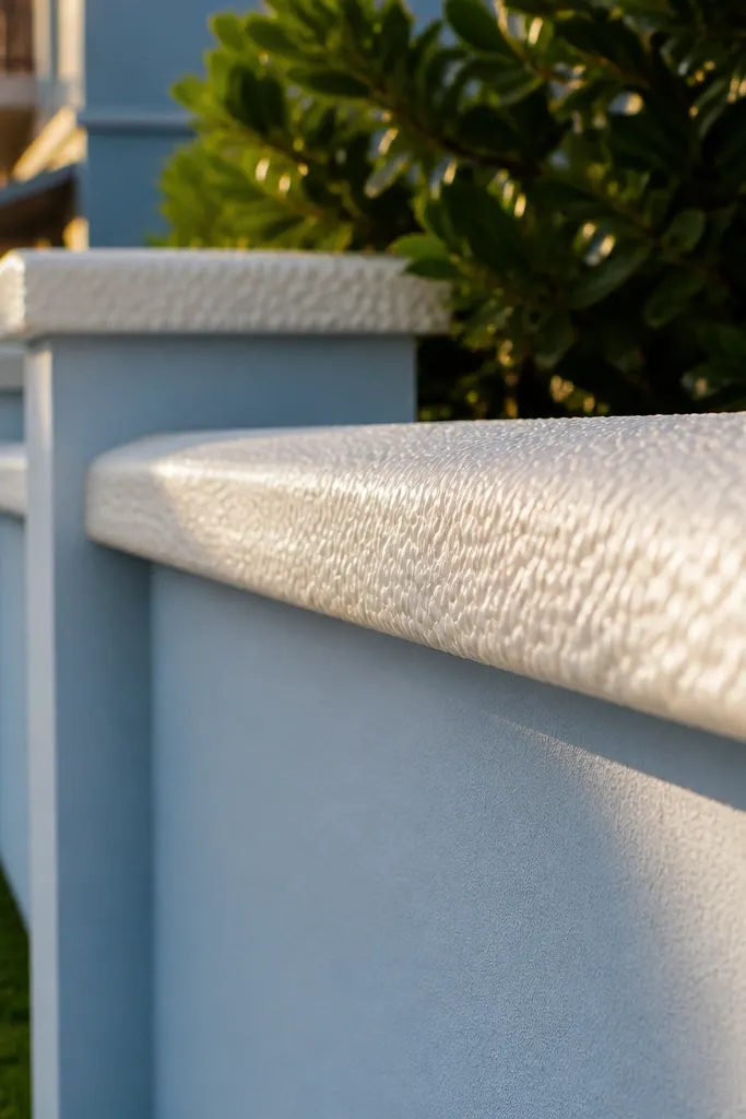 Pastel blue compound wall with white pebble-texture coping line