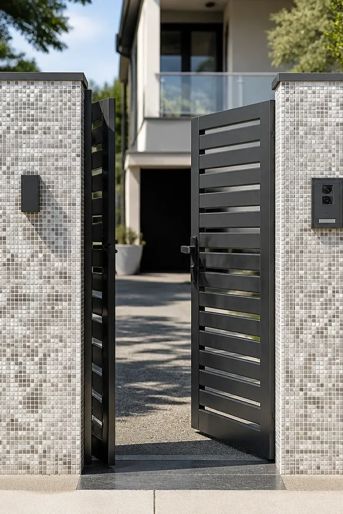 Entrance compound wall with white and grey mosaic squares on posts