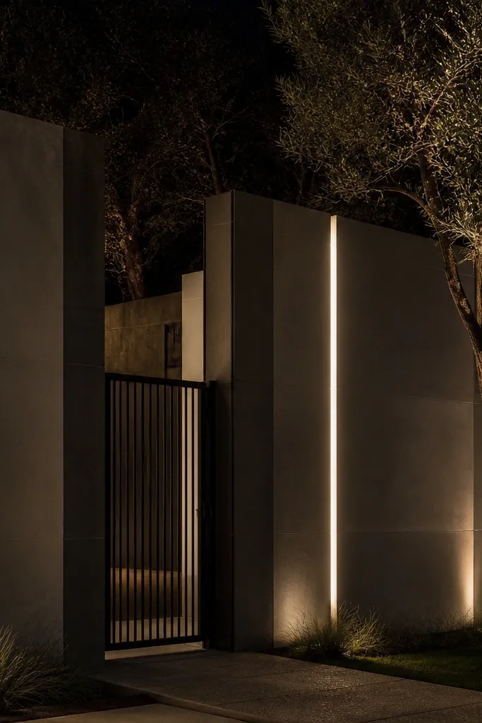 Grey compound wall with recessed vertical light strips between posts