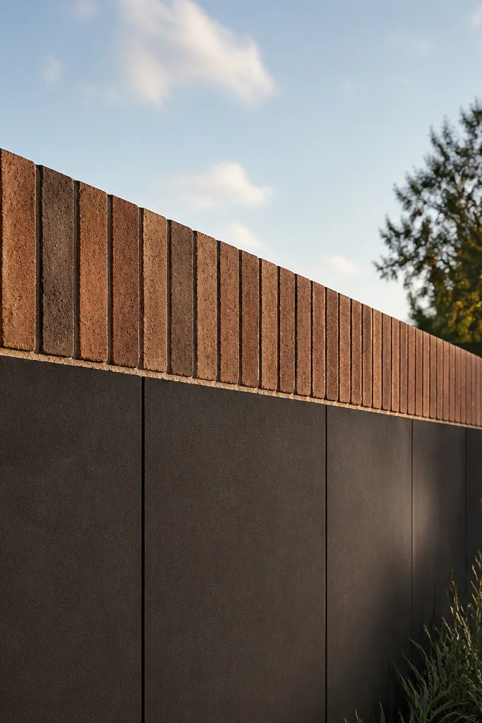 Charcoal panel wall with a brick soldier course line at the top