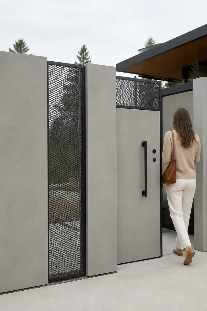 Compound wall with alternating solid panels and mesh sections between posts