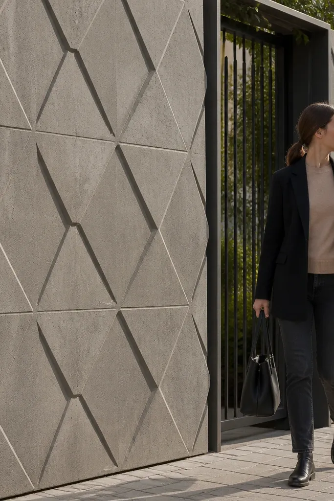 Warm grey compound wall with raised diamond cement panel pattern