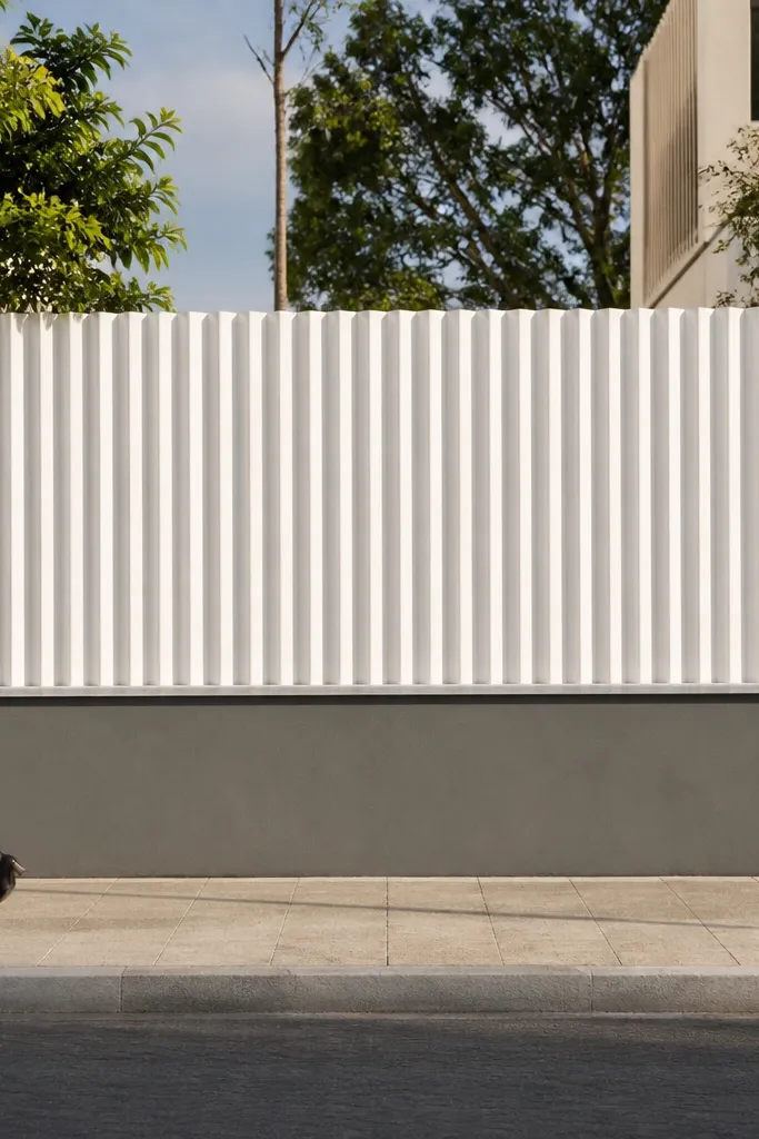 Grey base wall with white vertical fluted panels between posts