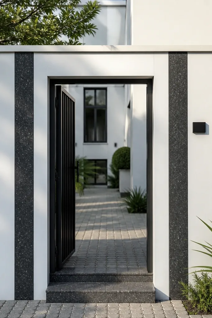 White compound wall with black vertical stone-look stripes