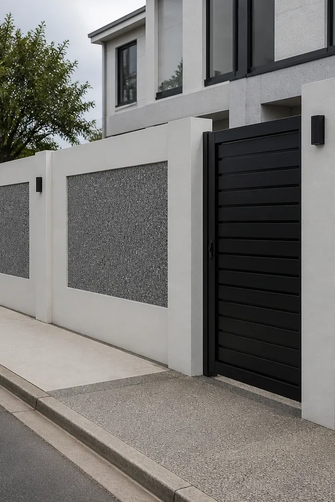 Off-white compound wall with black speckle inserts between posts