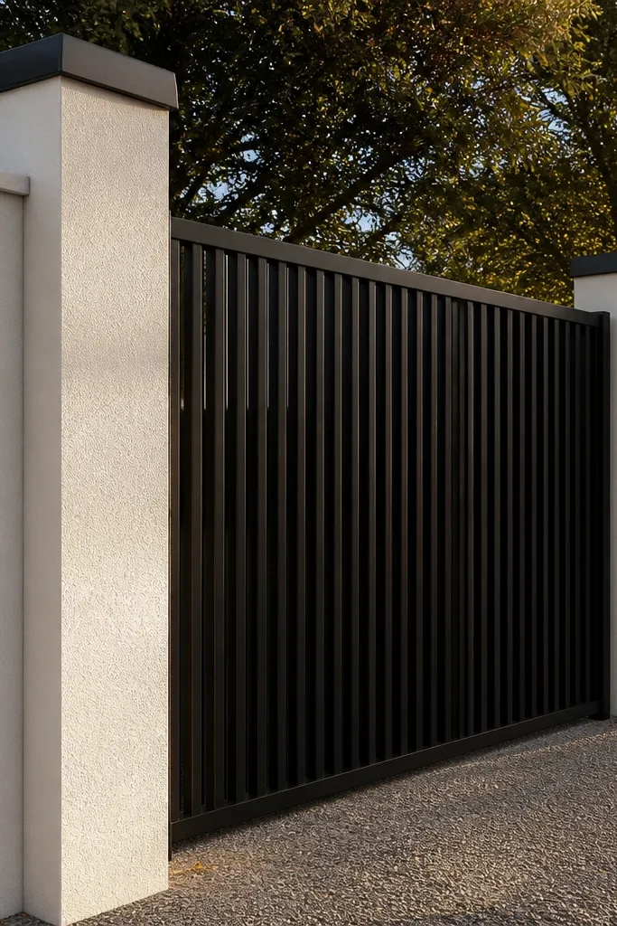 Black gate frame with vertical slats and pale pillars along a compound wall