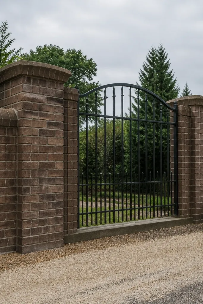 Brown brick wall with pillars and a gate grill that has an arched top line