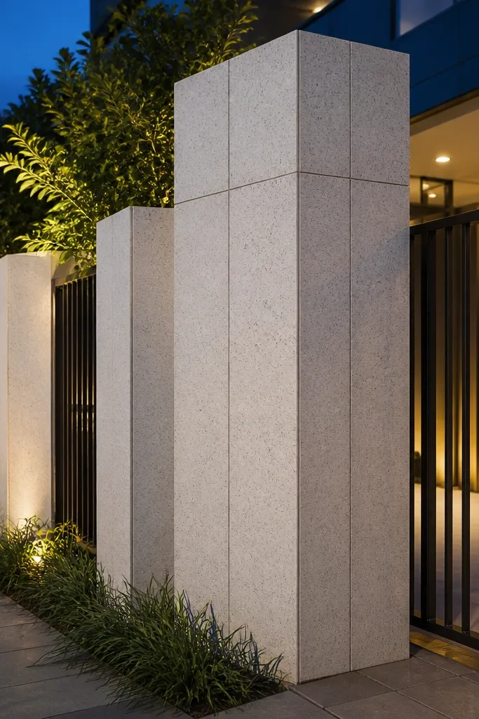 Pillars with stone-effect cladding and a slim black grill gate