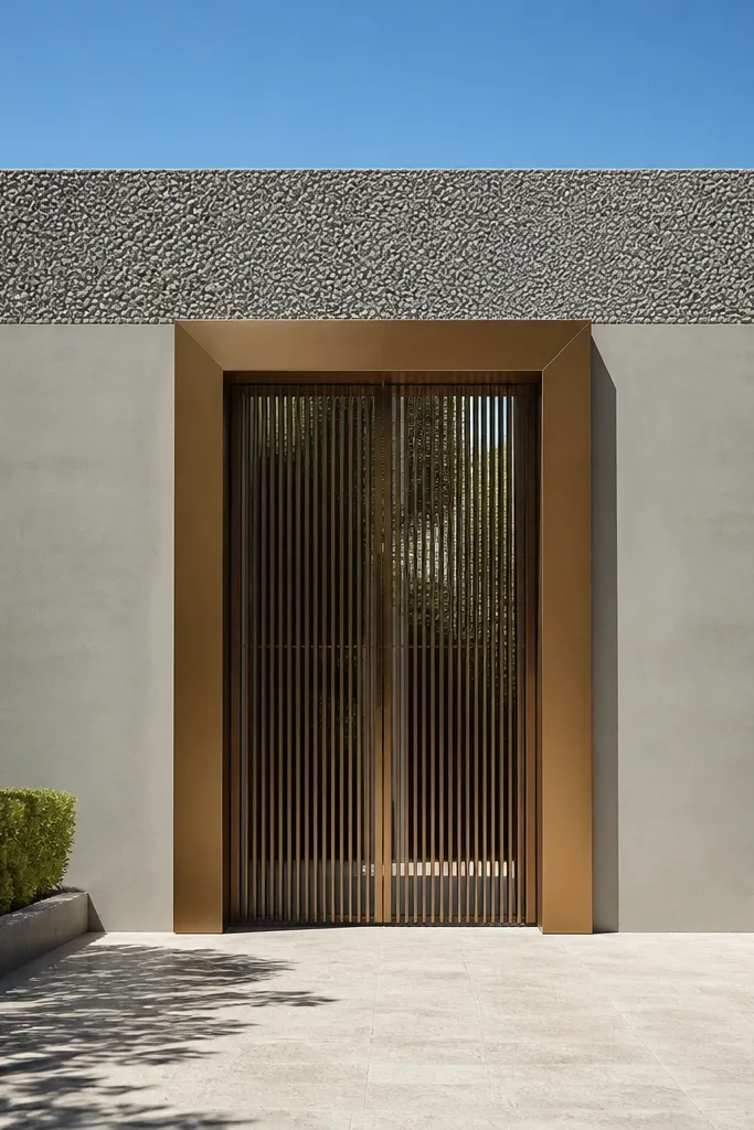 Cement-render wall with a textured top band and bronze gate
