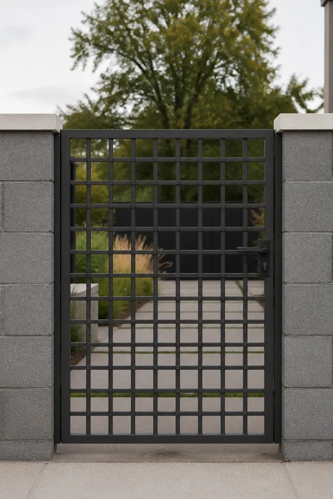 Grey block wall with white coping and a square-grid metal gate