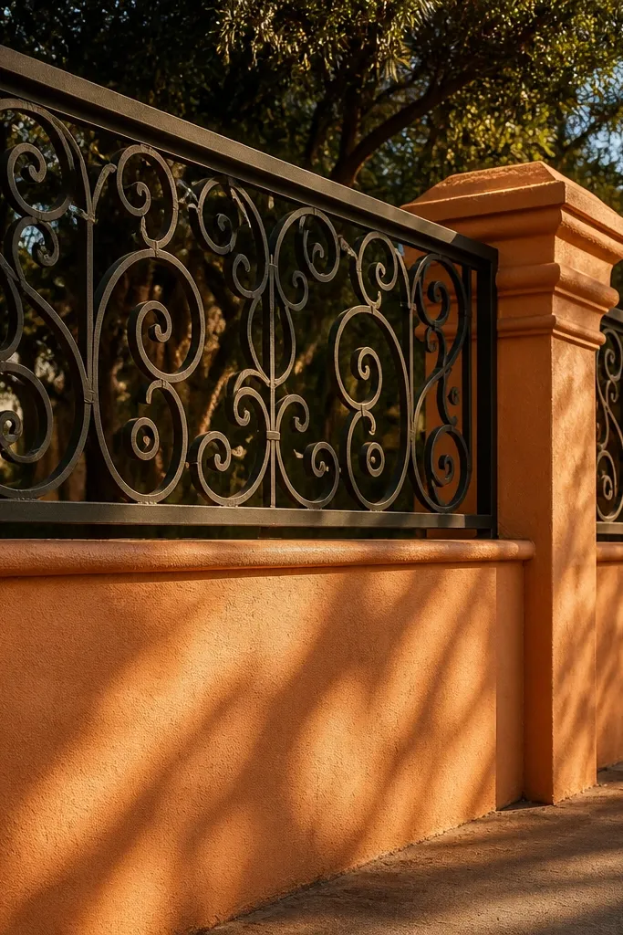 Terracotta wall with pillar bands and a scroll-style metal gate