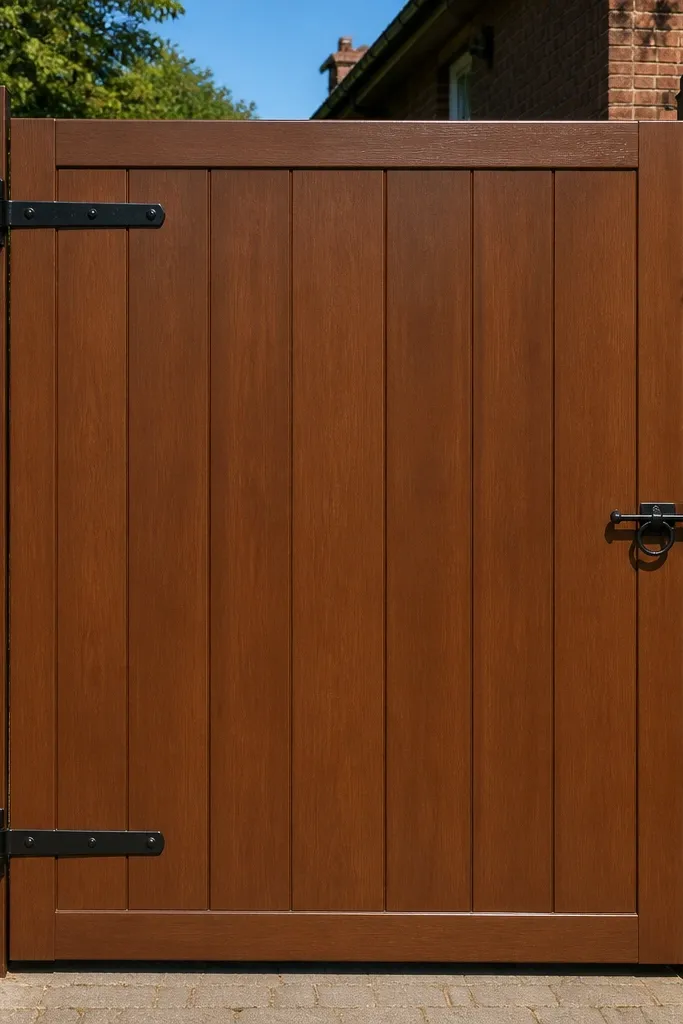 Brick pillar wall with a teak-brown panel gate and black handles